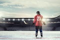 Woman play hockey . Mixed media Royalty Free Stock Photo