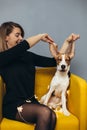 Woman play with puppy