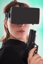 Woman play VR shooter game with virtual reality gun and vr glass Royalty Free Stock Photo