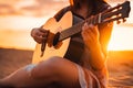 woman playing acoustic guitar on sandy beach at sunset time. Playing music concept, neural network generated