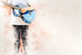 Woman playing acoustic guitar on walking street on watercolor illustration painting background. Royalty Free Stock Photo