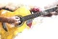Woman playing acoustic guitar on walking street on watercolor illustration painting background Royalty Free Stock Photo