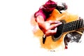 Woman playing acoustic guitar on walking street on watercolor painting background Royalty Free Stock Photo