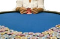Woman playing cards with poker chips Royalty Free Stock Photo