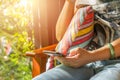 Woman playing cell phone in cafe. Royalty Free Stock Photo