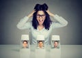 Woman playing a conjuring trick game frustrated with blind date Royalty Free Stock Photo