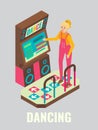 Woman playing dance arcade machine, vector isometric illustration. Game club attractions, fun activities, entertainment.