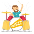Woman playing on drum kit vector illustration.
