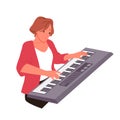 Woman playing electric piano, female pianist standing near synthesizer musical instrument