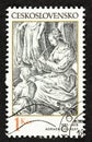 Woman Playing Flute on Postage Stamp