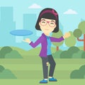 Woman playing flying disc vector illustration.