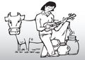 Woman playing guitar and cow