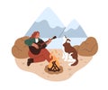 Woman playing guitar and singing song with dog howling by campfire outdoors. Person alone with nature, fire and music