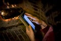 Woman is playing with her tablet Royalty Free Stock Photo