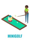 Woman playing mini golf arcade game, vector isometric illustration. Game club attractions, fun activities, entertainment