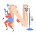 Woman playing netball with ball in hands. Concept illustration with goal point and large capital letter N. Cartoon character in