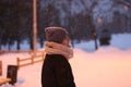 Woman playing snow outside season winter clothes