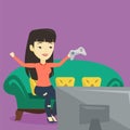 Woman playing video game vector illustration.