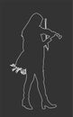 Woman playing violin vector line contour isolated on black background. Street artist girl performer. Royalty Free Stock Photo