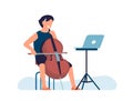 Woman plays cello. Online violoncello lessons. Distance coach. Player with musical instrument in front of laptop