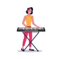 Woman plays digital piano, pianist and synthesizer