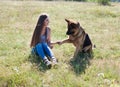 Woman plays with the dog German Shepherd when training Royalty Free Stock Photo