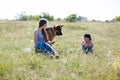 Woman plays with the dog German Shepherd when training Royalty Free Stock Photo