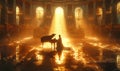 Woman plays the piano in flooded cathedral. Royalty Free Stock Photo