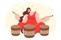 Woman plays traditional african drums, enjoying rhythmic music that induces meditative state