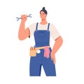 Woman plumber portrait. Plumbing worker holding wrench in hand. Professional in uniform with tool. Repairing specialist