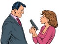 the woman pointed the gun at the man. spies, agents and detectives Royalty Free Stock Photo