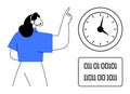 Woman Pointing at Clock and Binary Code Representing Time Management Concept Royalty Free Stock Photo