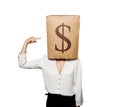 Woman pointing at dollar sign Royalty Free Stock Photo