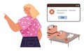 Woman gesturing beside error message window, office desk with documents and storage boxes Royalty Free Stock Photo