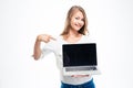 Woman pointing finger on a blank screen Royalty Free Stock Photo