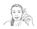 Woman pointing finger up, looking straight and smiling Vector sketch, Young female is having brilliant idea