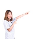 Woman pointing finger up portrait on white background