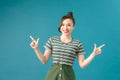 Woman pointing fingers left and right Royalty Free Stock Photo