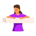 Woman pointing at empty search bar for copy space over white background