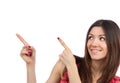 Woman pointing hands finger at corner with copyspace Royalty Free Stock Photo