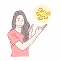 Woman pointing at jigsaw puzzle. resolve, fixing, answer problem, idea concept. Hand drawn flat character Royalty Free Stock Photo