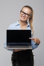 Woman pointing at laptop Royalty Free Stock Photo