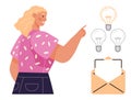 Woman Pointing at Light Bulbs Representing Ideas and Open Envelope for Message Communication Royalty Free Stock Photo