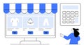 Online Shopping Concept with Woman Interacting with E-commerce Platform and Calculator Royalty Free Stock Photo