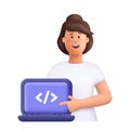 Woman pointing to laptop computer with code symbol. Girl programmer. Web development, programming language and coding concept. 3d Royalty Free Stock Photo