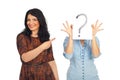 Woman pointing to unknown friend Royalty Free Stock Photo