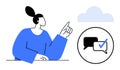 Woman gesturing to cloud and chat icon with a checkmark symbolizing communication and approval Royalty Free Stock Photo