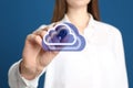 Woman pointing at virtual clouds icon on background, closeup of hand. Data storage concept Royalty Free Stock Photo