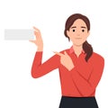 Woman points blank paper for placeholder