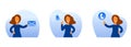 Woman points with a finger at phone notifications. Assistant shows a message. Set of isolated illustrations. Royalty Free Stock Photo